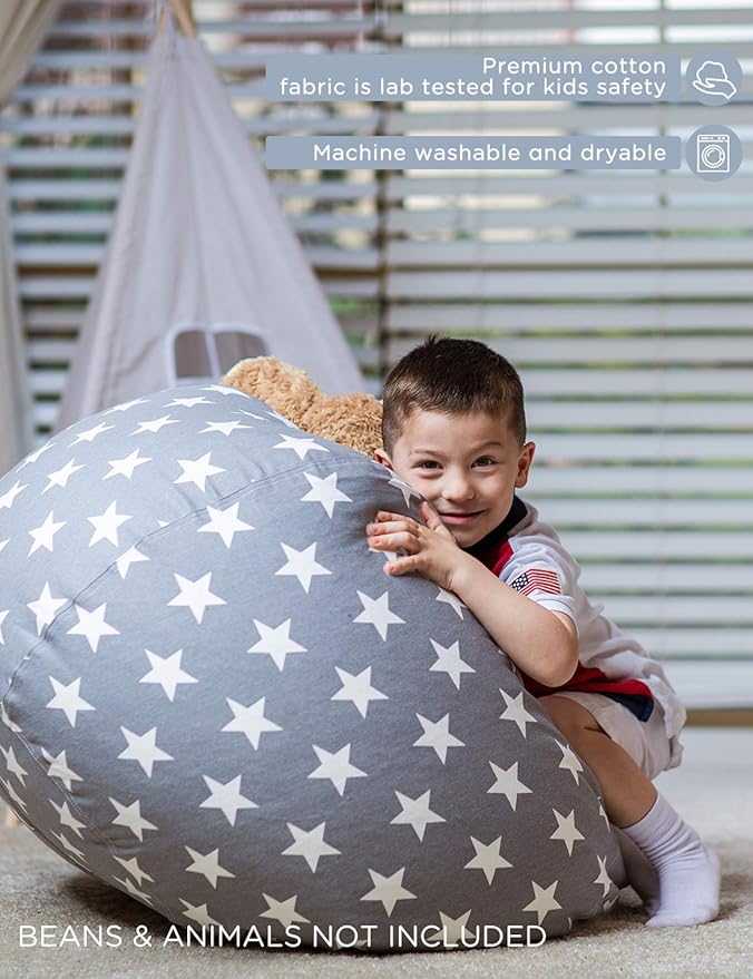 Aubliss Stuffed Animal Storage Bean Bag Chair Cover Only for Plush Toys, Blankets, X-Large 48"-Canvas Stars Grey