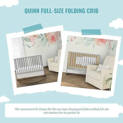 Quinn Full-Size Folding Crib in Cool Grey, Removeable Wheels, Modern Nursey, Adjustable Mattress Support, Portable Crib, Patented Folding System