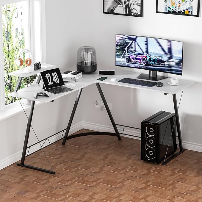 MoNiBloom L Shaped Computer Desk Corner Table with Metal Frame, L Desk Workstation for Home Office, Space-Saving, White