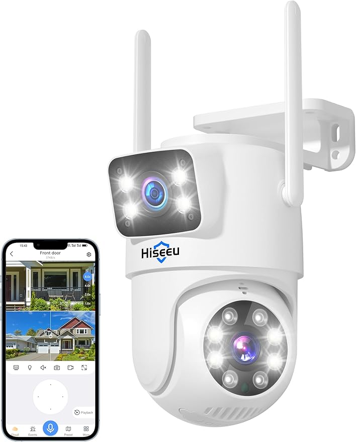 Hiseeu Wireless Security Camera Dual Lens 5G/2.4G WiFi PTZ Camera Outdoor,Power Cord,IP65 Waterproof Motion Tracking,Color Night Version, No-Monthly Fees Works with Wireless Camera System