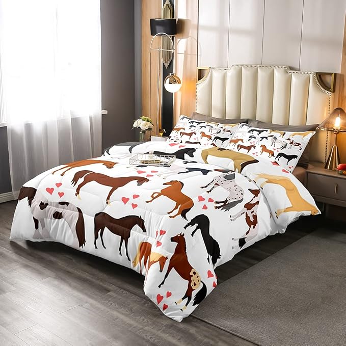 Kawaii Comforter Horse Comforter Set Queen Farm Bedding Set Kids Boys Girls Cute Animal Duvet Set Cartoon Horses with Pink Lover Heart Bedroom Decor Duvet Set Cowboy Cowgirls Comforter Set