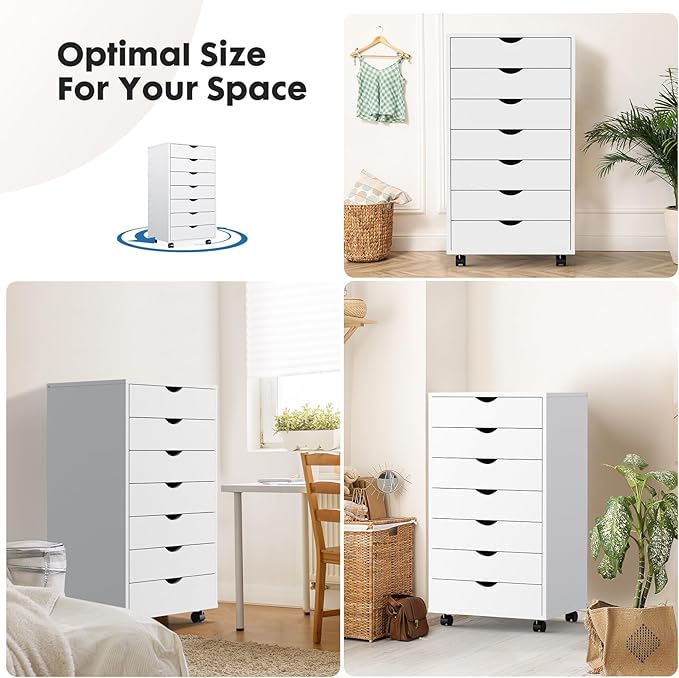 OLIXIS 7 Drawer Chest Wood File Cabinet Rolling Organization Storage Dresser with Wheels for Home Office, 15.75" D x 18.74" W x 34.25" H, White