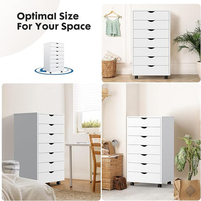 OLIXIS 7 Drawer Chest Wood File Cabinet Rolling Organization Storage Dresser with Wheels for Home Office, 15.75" D x 18.74" W x 34.25" H, White