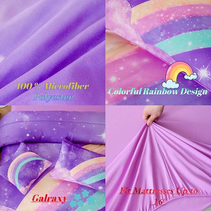 6 Pcs Kids Comforter Set Queen Size for Girls, 3D Colorful Rainbow Galaxy Bed in A Bag, Gradient Purple Glitter Bedding Comforter Collection for All Season