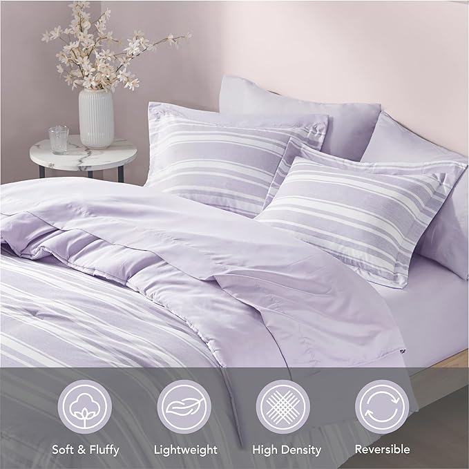 Codi Full Comforter Set 7 Piece, Lavender Purple Striped Bed in a Bag Reversible for All Seasons, Cationic Dyeing Bedding Sets with Comforter, Sheets, Pillowcases & Shams