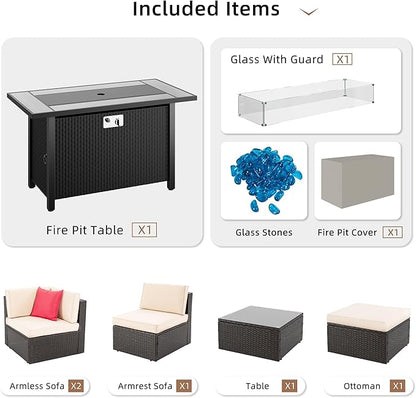 Shintenchi 5 Pieces Patio Furniture Sets w/45 inch Fire Pit Table, Outdoor Conversation Set w/50,000 BTU Steel Gas Fire Pit, Patio Sectional Sofa Set w/Glass Table &Ottoman