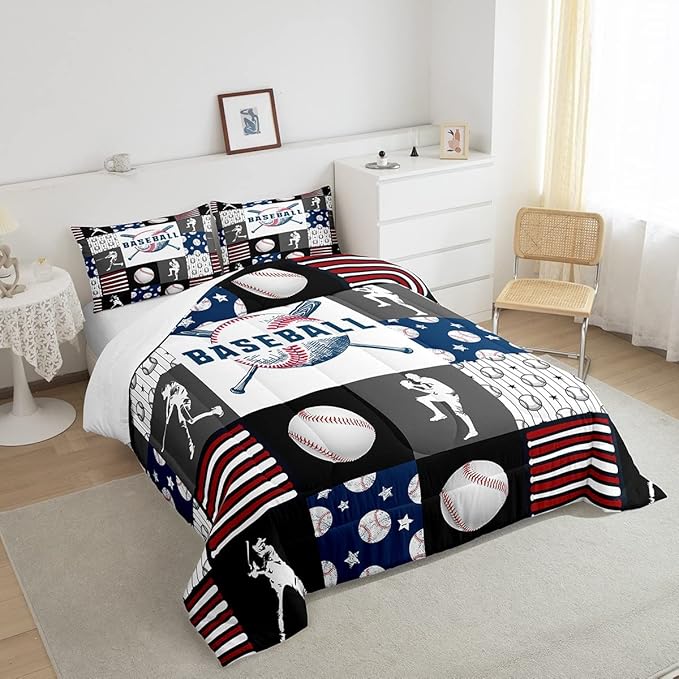 Teen Boy Sports Baseball Queen Bedding Set,Kids Baseball Athlete Comforter Set,Grunge Hippie Tie Dye Ball Bed Comforter Sets Room Decor Patchwork Pattern 2 Pillow Cases（Red Blue Black White Grey）