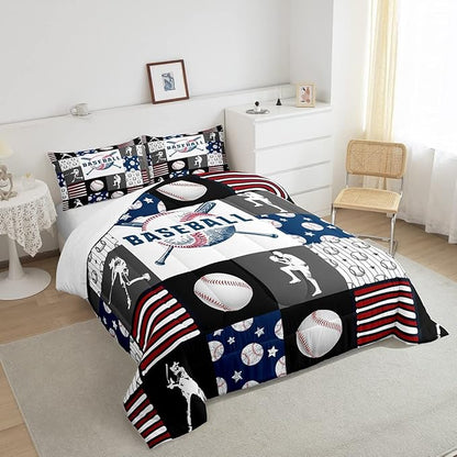 Teen Boy Sports Baseball Queen Bedding Set,Kids Baseball Athlete Comforter Set,Grunge Hippie Tie Dye Ball Bed Comforter Sets Room Decor Patchwork Pattern 2 Pillow Cases（Red Blue Black White Grey）