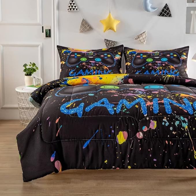 Gamer Comforter Sets for Teen Boys,Gaming Bedding Sets Full,Video Game Bedspread,Game Gamepad Bed Set,Controller Bedding Gamer Home Decor 3 Piece 1 Comforter and 2 Pillowcases