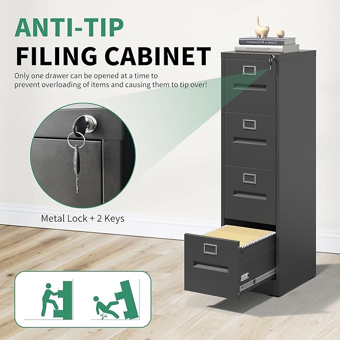 4 Drawer File Cabinet,Metal Filing Cabinets with Lock,Black Vertical File Cabinet for Home Office,Heavy Duty Metal Storage Cabinet for A4/Letter/Legal Size File,Assembly Required