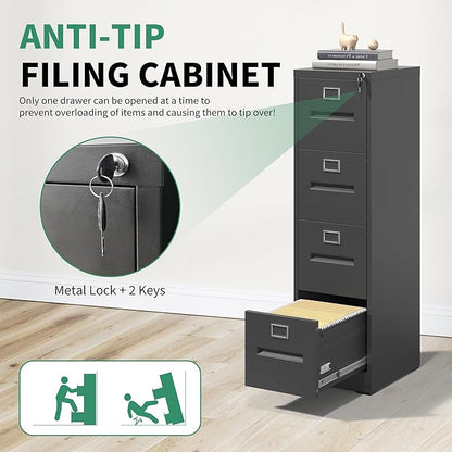 4 Drawer File Cabinet,Metal Filing Cabinets with Lock,Black Vertical File Cabinet for Home Office,Heavy Duty Metal Storage Cabinet for A4/Letter/Legal Size File,Assembly Required