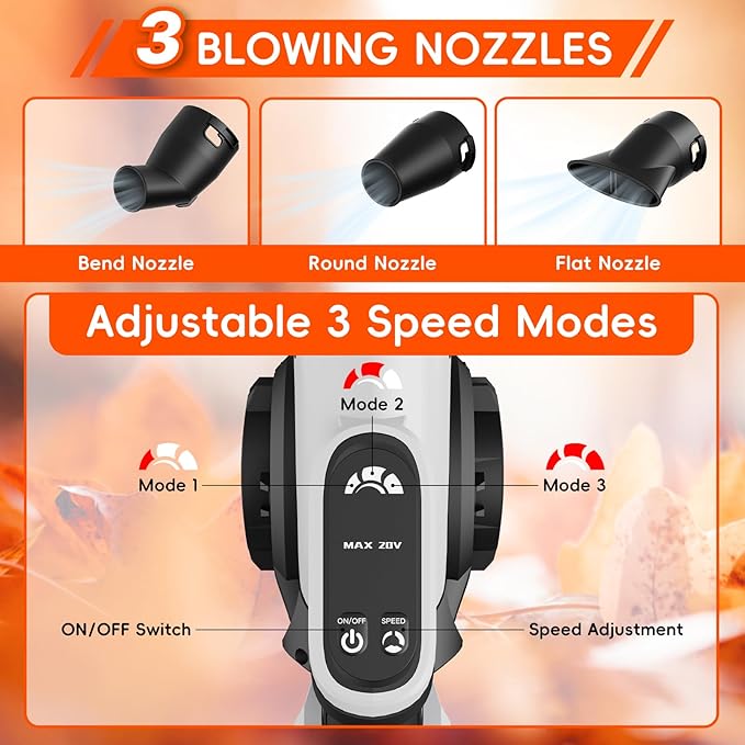 Leaf Blower Cordless - Electric Cordless Leaf Blower with 2 Batteries and Charger, 3 Speed Modes & 3 Blowing Nozzles, 20V Battery Powered Mini Leaf Blowers for Lawn Care, Patio, Indoor
