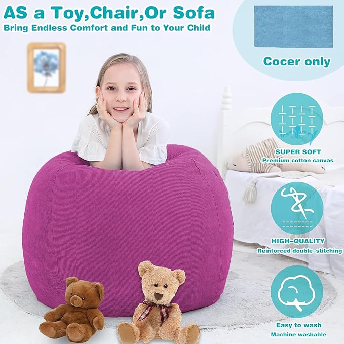 Stuffed Animal Storage Bean Bag Chair Cover (No Filler) for Kids and Adults.Soft Premium Corduroy Stuffable Beanbag for Organizing Children Plush Toys or Memory Foam Small 100L (RoseRed)