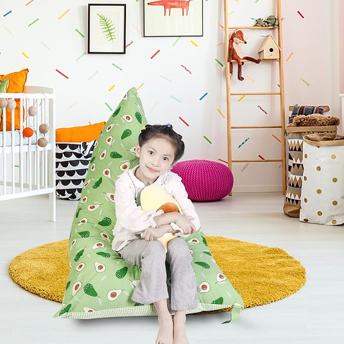Stuffed Animal Storage Bean Bag Chair Cover, Cotton Green Avocado Plush Toy Storage Stuff and Sit Seat for Kids/Teens/Adults, 52" x 31" Extra Large Triangle Floor Sofa, 200L/52Gal, Cover Only