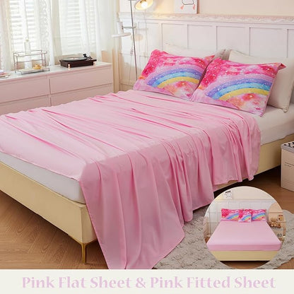 Rainbow Twin Size Comforter Set for Girls 6 Pieces Sparkle Tie Dye Pink Girls Bedding Comforter Sets Galaxy Kids Bed Comforter Sets Gradient Glitter Soft Bed in A Bag with Sheets