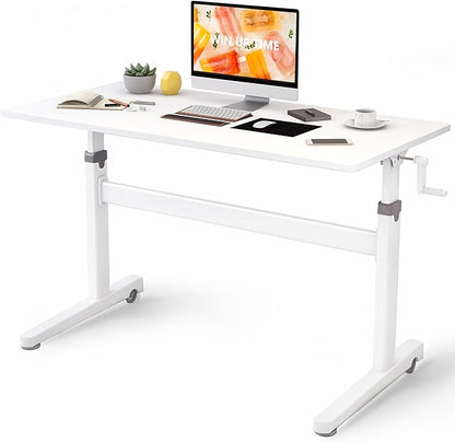 Manual Standing Desk Adjustable Height- Crank Mobile Standing Desk 48 x 24 Inches Sit Stand Desk Frame & Top, Stand Up Desk on Wheels, Computer Desk White Frame & White