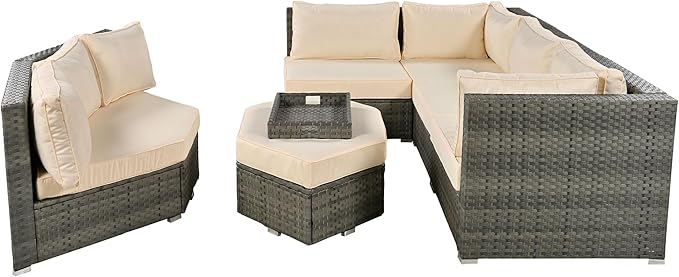 Patio 7-Piece Set, Half-Moon Curved Sectional Sofa Outdoor Rattan Furniture with Ottoman and No-Slip Cushions for Balcony, Porch, Garden, Zc-Beige