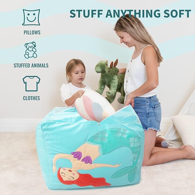 Aubliss Unicorn Stuffed Animal Storage Bean Bag Chair for Kids, Velvet Extra Soft Beanbag Chairs Cover, X-Large Stuffable Zipper Bean Bag for Organizing Plush Toys Girls Bedroom Decor,Cyan