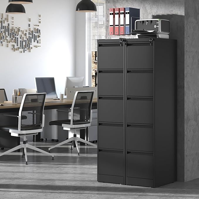 5 Drawer File Cabinet,Metal Filing Cabinets with Lock,Vertical File Cabinet for Home Office,Black Heavy Duty Metal Storage Cabinet for A4/Letter/Legal Size File,Assembly Required