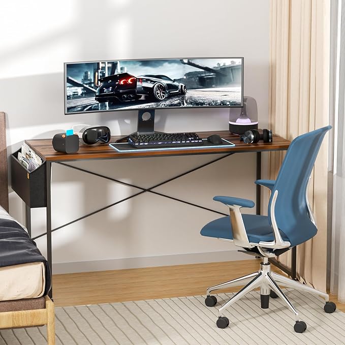 MoNiBloom 55 Inches Large Computer Desk with Storage Bag, Study Work Writing Table w/Metal Frame for Home Office, Walnut Color
