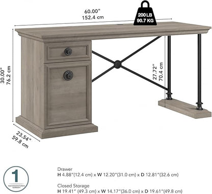 Bush Furniture Coliseum Designer Desk with Storage, Home Office Computer, 60W, Driftwood Gray