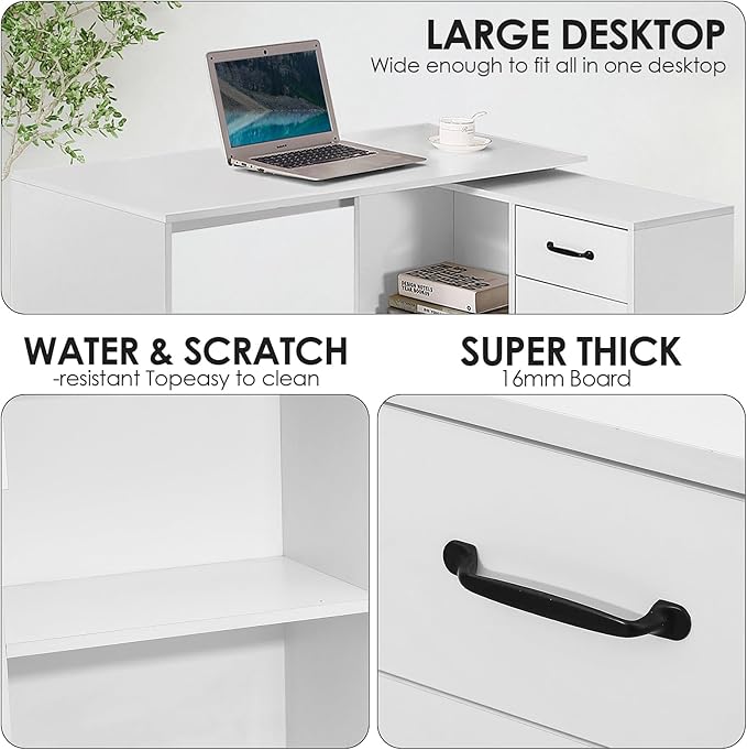 L-Shaped Rotating Computer Desk 68 inch with Storage Shelves Home Office Corner Desk with Drawers and File Cabinet Multipurpose Study Writing Table for Bedroom Small Space White