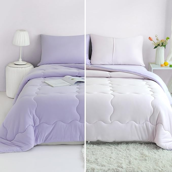 COTTEBED Reversible Ultra-Soft Light Pink and Purple Comforter Set Queen Full Size, Jersey Knit T-Shirt Feel Cute Fluffy Lightweight Bedding Down Blanket Quilt Pillowcase for Man Women Girl All Season