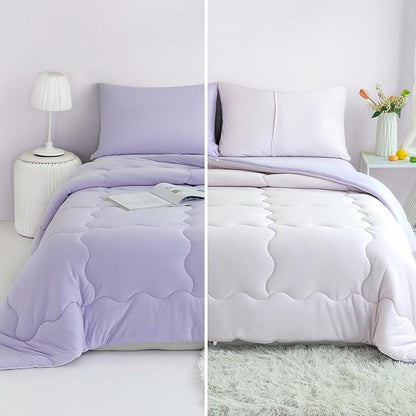 COTTEBED Reversible Ultra-Soft Purple and Light Pink King Size Bed Comforter Set, Jersey Knit T-Shirt Feel Cute Comy Bedding Down Blanket Quilt & Pillowcase Lightweight All Season California Cal King