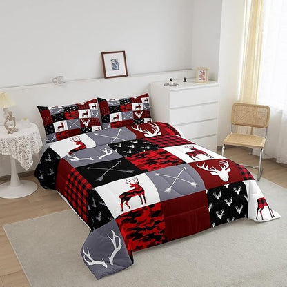 Boys Deer Antlers Silhouettes Comforter Set King Size,Geometric Plaids Patchwork Bedding Set 3pcs for Kids Teens Adults Girls Home Decor,Red Camouflage Christmas Xmas Down Comforter,Rustic Farmhouse