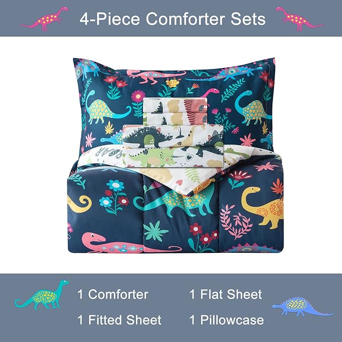 Dinosaur Twin Comforter Set for Boys Girls 4-Piece Dino Kids Bedding Sets Ultra Soft Cartoon Bedroom Set - Include Reversible Comforter, Flat Sheet, Fitted Sheet and Pillowcase, Blue