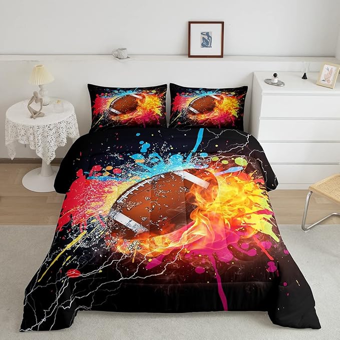 Erosebridal Football Comforter Set for Teen Boys Kids Hippie Tie Dye Sports Football Bedding Sets Rugby Bed Quilt Set King Size 1 Comforter and 2 Pillow Cases Colorful Sport Theme Bedroom Decor