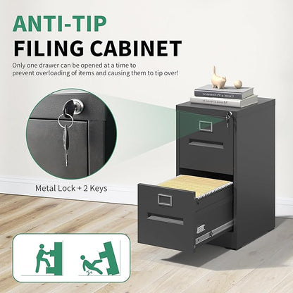 2 Drawer File Cabinet,Metal Filing Cabinets with Lock,Black Vertical File Cabinet for Home Office,Heavy Duty Metal Storage Cabinet for A4/Letter/Legal Size File,Assembly Required