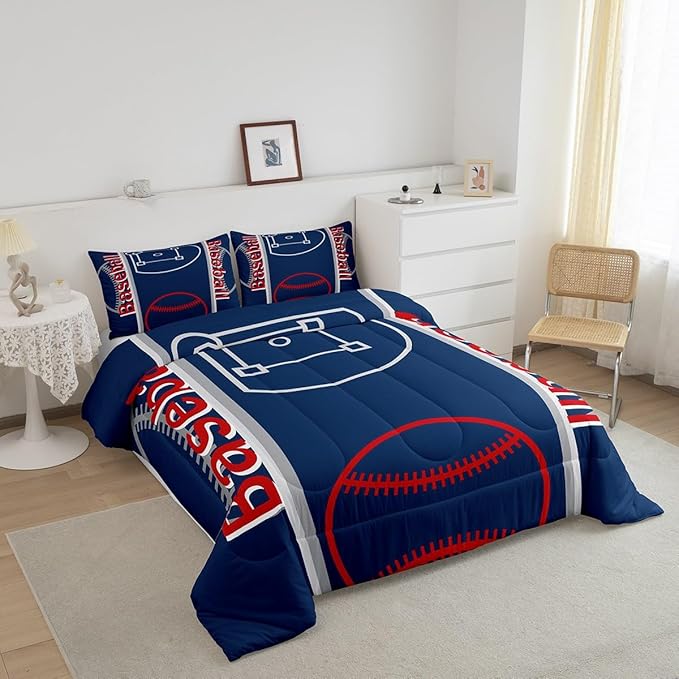 Feelyou Baseball Print Bedding Set Twin Size Sports Game Comforter Set for Kids Boys Girls Decor Baseball Gaming Comforter Microfiber Ball Duvet Set Bedroom Quilt Set