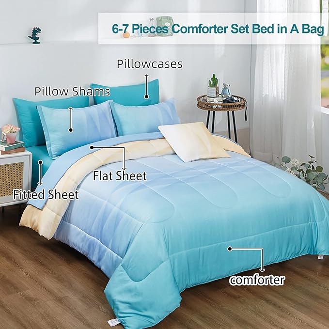 Girls Comforter Set Queen Size Colorful Ombre Blue Yellow Rainbow Bedding Set 7 Pieces Bed in A Bag for Teen Girls Women(1 Comforter, 1 Flat Sheet, 1 Fitted Sheet, 2 Pillow sham, 2 Pillowcases)