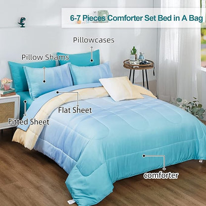 Girls Comforter Set Queen Size Colorful Ombre Blue Yellow Rainbow Bedding Set 7 Pieces Bed in A Bag for Teen Girls Women(1 Comforter, 1 Flat Sheet, 1 Fitted Sheet, 2 Pillow sham, 2 Pillowcases)