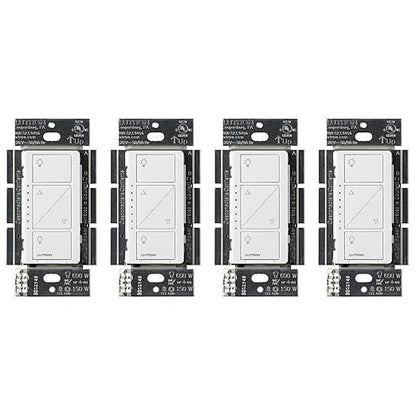 Lutron Caseta Original Smart Dimmer Switch (Lutron Smart Hub Required), for LED Lights, 150 Watt, Single-Pole/3-Way, No Neutral Required, PD-6WCL-WH 4-PACK, White, 4 Pack