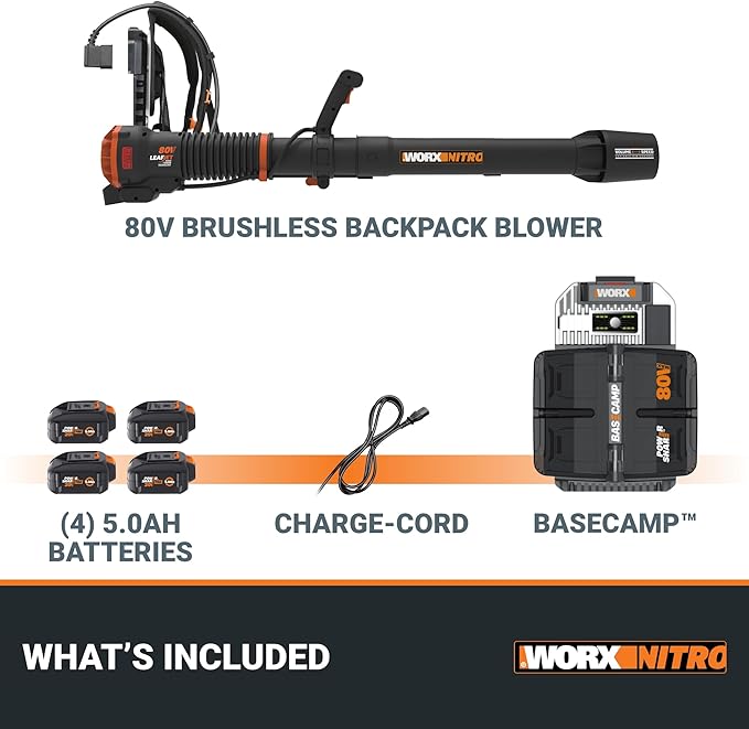 Worx Nitro 80V Cordless Leaf Blower, 800 CFM 150 MPH, Brushless Backpack Electric Leaf Blower WG572, Turbine Fan, Variable Air Control – 4 PowerShare Batteries, Basecamp Charger Included
