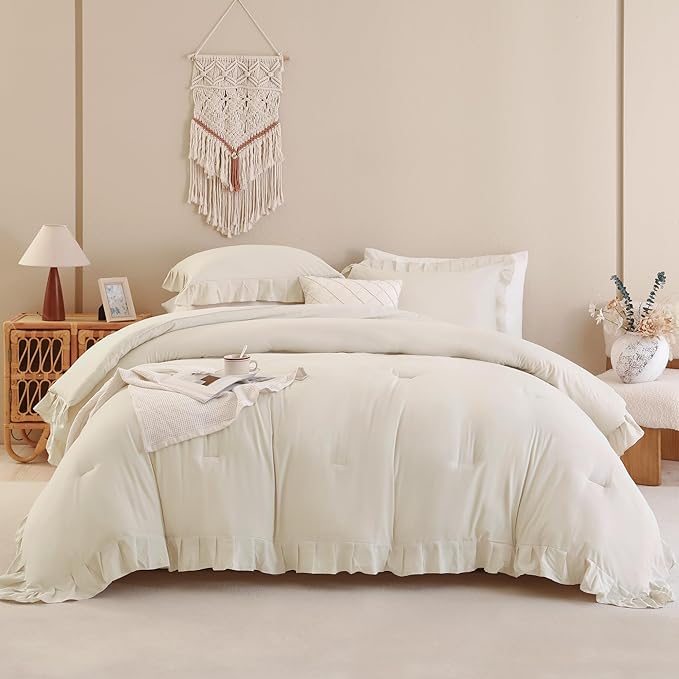 Andency Beige Cream California King Size Comforter Set, 3 Pieces Shabby Chic Ruffle Bedding Comforter Sets for Men Women, Soft Cozy Lightweight Fluffy Down Alternative Decorative Bed Set