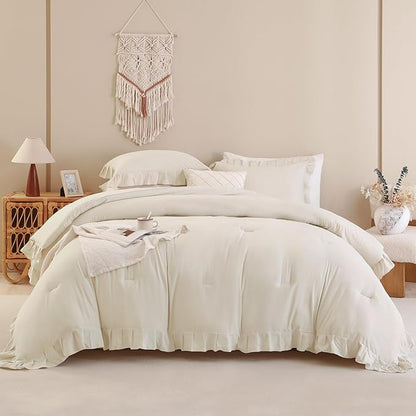Andency Beige Cream California King Size Comforter Set, 3 Pieces Shabby Chic Ruffle Bedding Comforter Sets for Men Women, Soft Cozy Lightweight Fluffy Down Alternative Decorative Bed Set