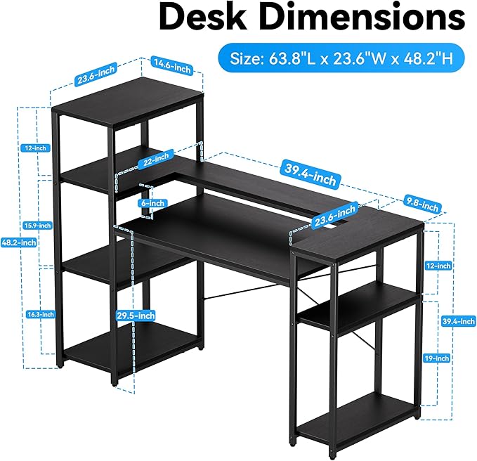 63-Inch Home Office Desk with Storage Shelves, Gaming Computer Desk with Monitor Stand and Printer Shelf for Study, Writing, PC Work
