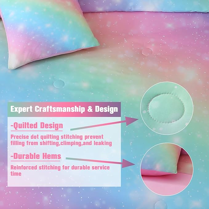JQinHome Glitter Bedding Set Full Size,6 Piece Bed in A Bag 3D Colorful Rainbow Galaxy Comforter Set for Girls Kids-All Season Microfiber Tie-Dye Bedding Sets(Rainbow)