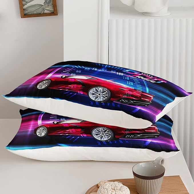 Axolotl Race Car Bedding Set Full Size,Boys Extreme Sports Comforter Set for Kids Boys Car Racing Gifts,Red Cool Car Comforter Car Sports Quilt Set 1 Comforter Set with 2 Pillowcase Car Racing Gifts