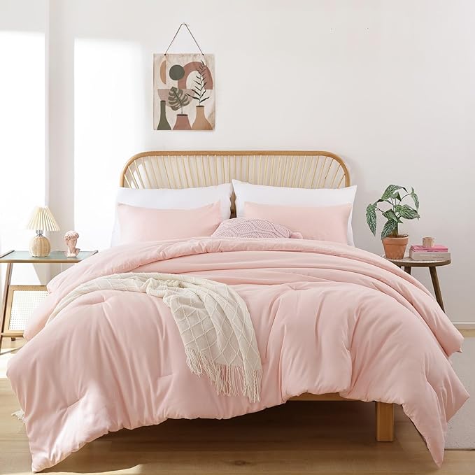 ROSGONIA Comforter Full Size for Girls Boys Teens Blush, 3pcs(1 Boho Pink Comforter & 2 Pillowcases) Lightweight Dorm Bedding Soft All Season Bed Set