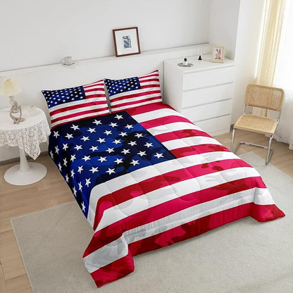 Feelyou American Flag Bedding Set Camouflage USA Flag Comforter Set Army Camo Flag Comforter Blue Red and White Stars Down Alternative Comforter for All Season Room Decor Queen Size