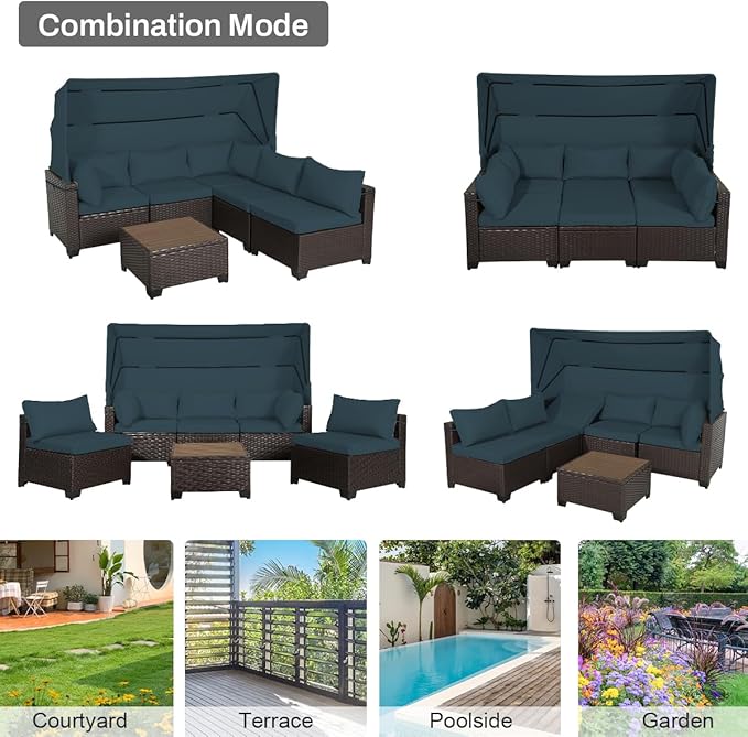 6 PCS Outdoor Patio Furniture Set,Sectional Sofa Set,Rattan Daybed with Retractable Canopy,Adjustable Backrest,Storage Coffee Table,Chaise Chair Sunbed for Garden Poolside Backyard(Sky Blue)