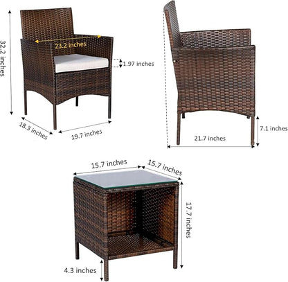 BTEXPERT Outdoor Wicker Conversation 3 Piece Bistro Garden Patio Yard Porch Furniture Space Saving Pe Rattan Two Chairs Cushions Side Storage Glass Table Brown/Beige 3pc Set, OneSize