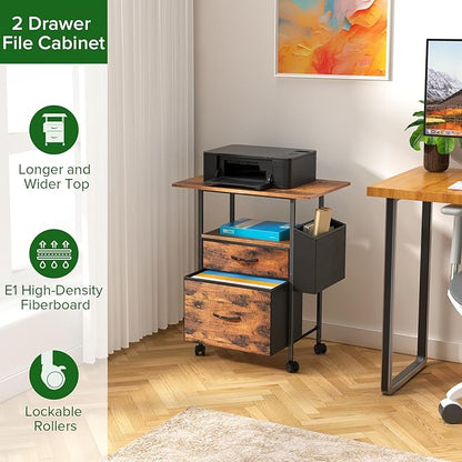 Mobile File Cabinet, 2 Fabric Drawer Filing Cabinet with Side Bag, Rolling Storage Organizer for Home Office, Vertical Printer Stand, Fits A4/Letter Size (Rustic Brown)