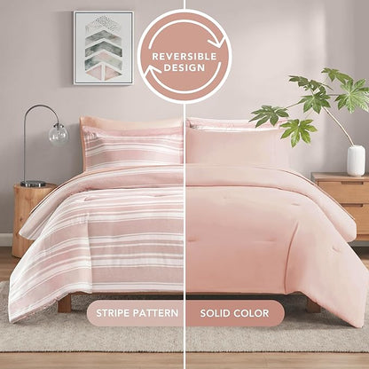 Codi Teen Girl Bedding Full Size, Pink Striped Bed in a Bag Reversible All Season Bed Set, 7 Piece Comforter Set with 2 Pillow Shams, Flat Sheet, Fitted Sheet and 2 Pillowcases