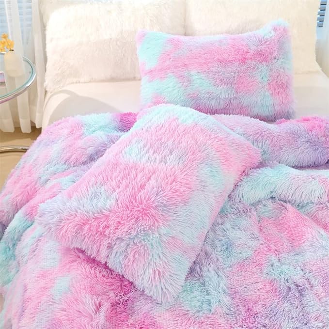 Faux Fur Kids Girls Purple Rainbow Comforter Sets King - 3PC Bed Set Warm Comfortable Soft Plush Flannel Velvet Fluffy Fuzzy Bedding（Comforter x 1 Pillowcases x 2）