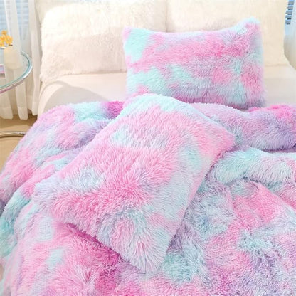 Faux Fur Kids Girls Purple Rainbow Comforter Sets King - 3PC Bed Set Warm Comfortable Soft Plush Flannel Velvet Fluffy Fuzzy Bedding（Comforter x 1 Pillowcases x 2）